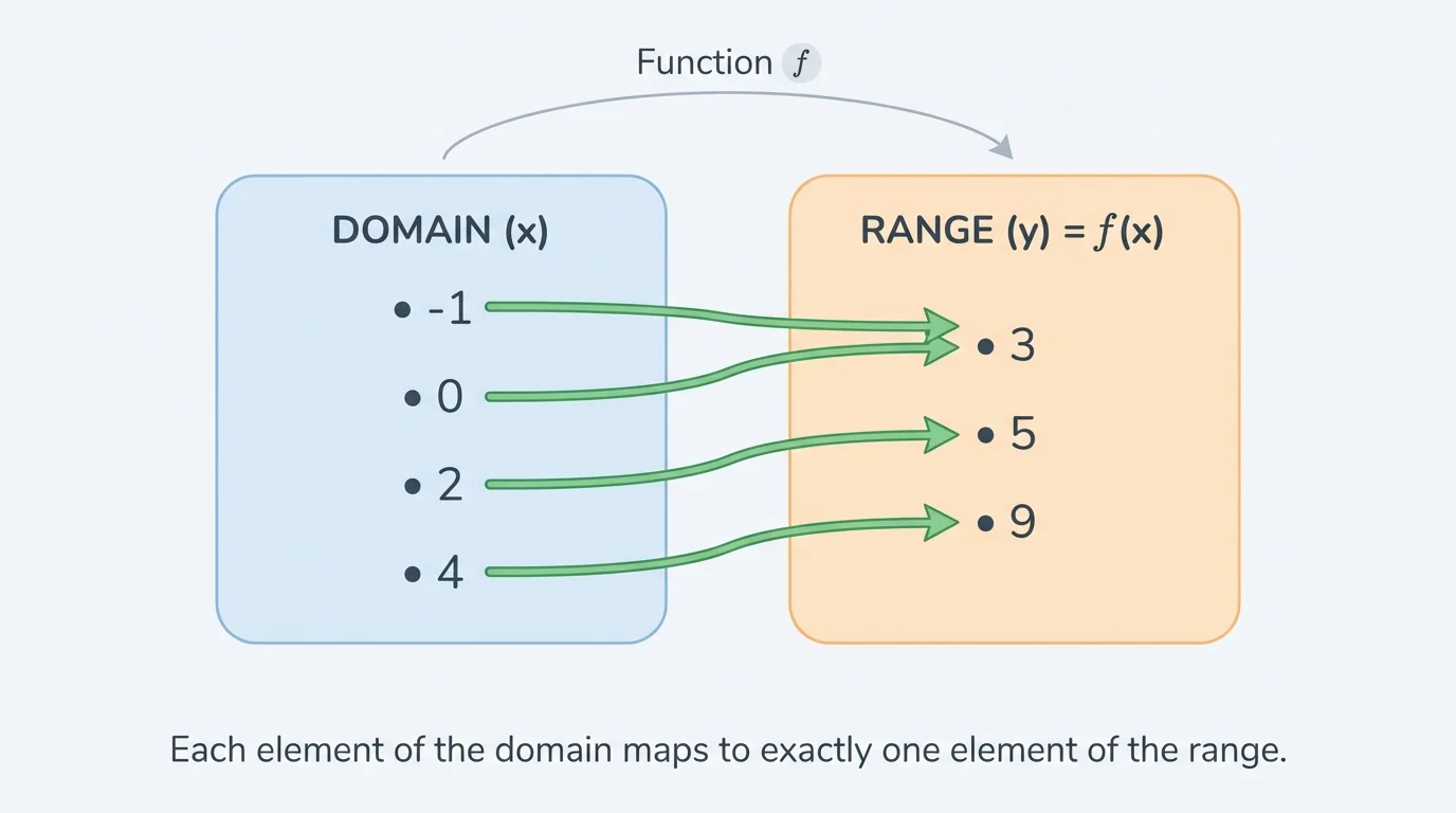 Mapping diagram with domain values -1, 0, 2, 4 and range values 3, 5, 9, arrows showing each input mapped to exactly one output, with two different inputs sharing one output