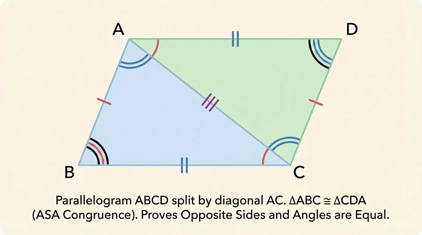 Parallelogram ABCD split by diagonal AC into triangles ABC and CDA with matching angle pairs indicated