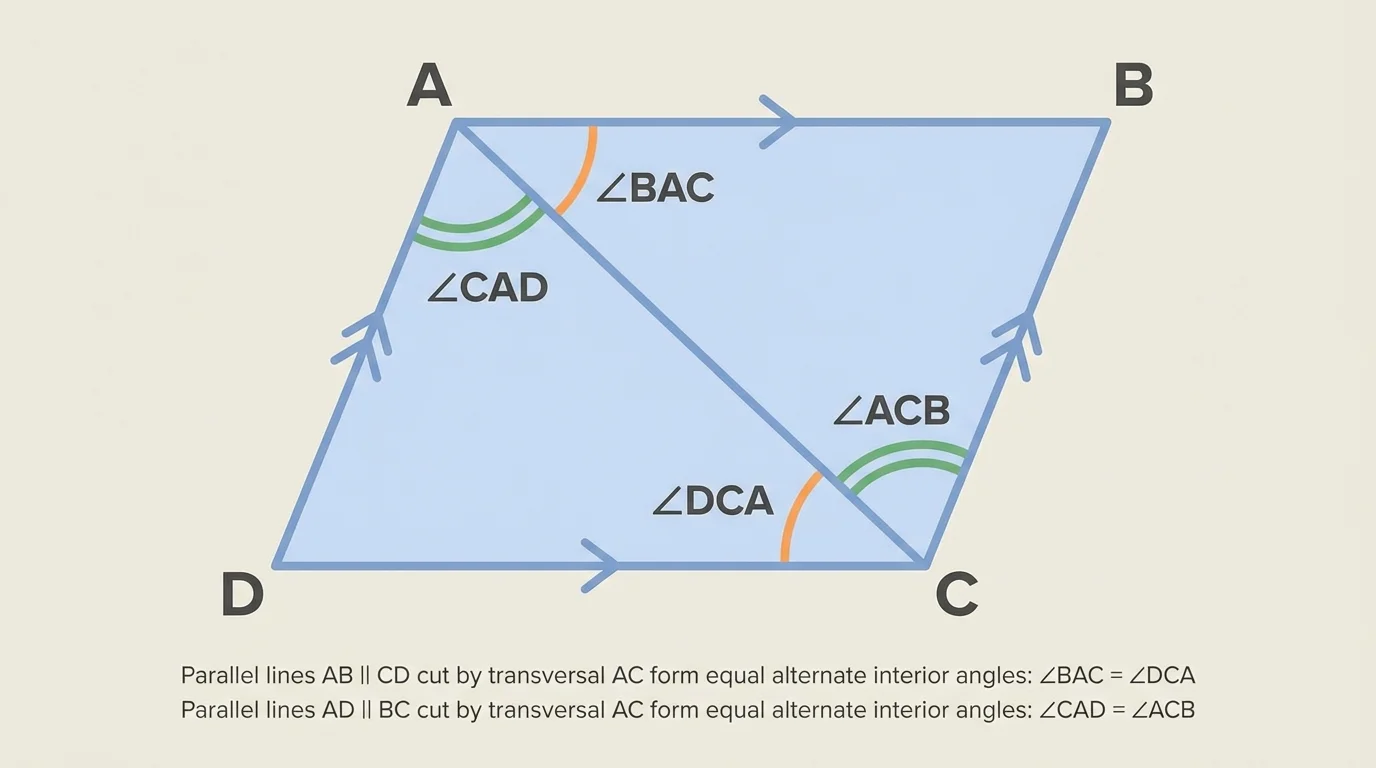 Labeled parallelogram ABCD with opposite sides marked parallel, diagonal AC, and angle relationships formed by parallel lines