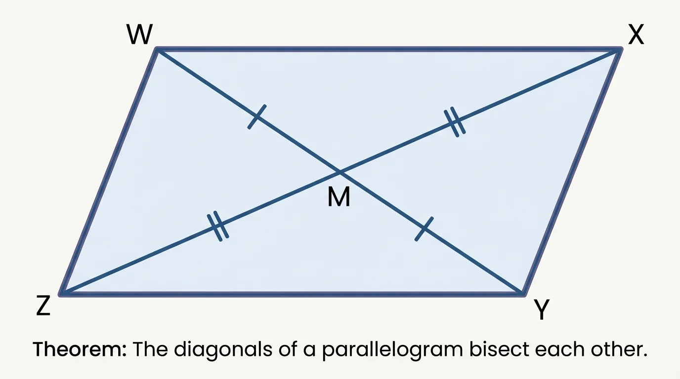 Parallelogram WXYZ with diagonals WY and XZ intersecting at M, showing equal halves on each diagonal