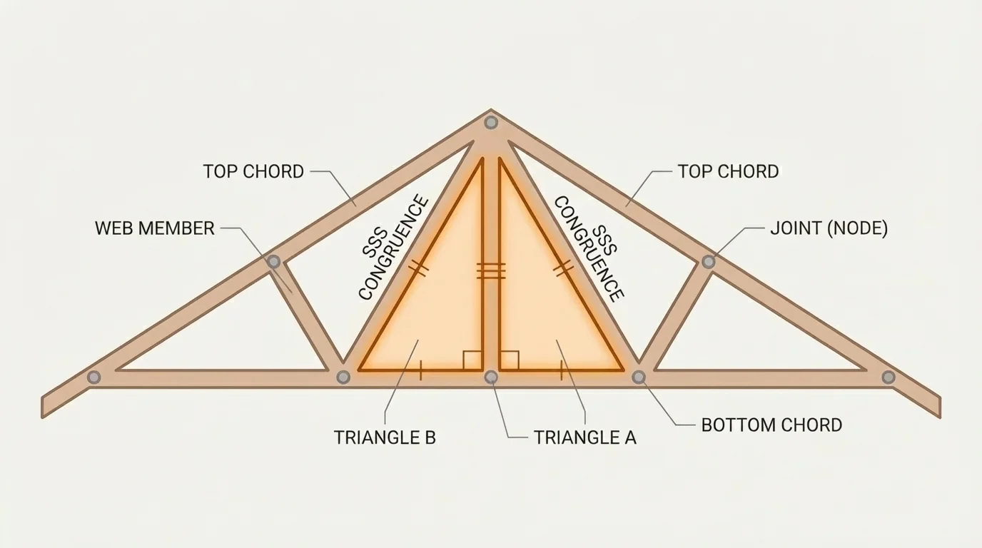 Roof truss structure composed of connected triangles with a few joints and beams highlighted