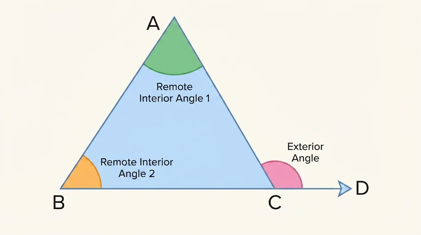 Triangle with one side extended, exterior angle highlighted, and two remote interior angles labeled