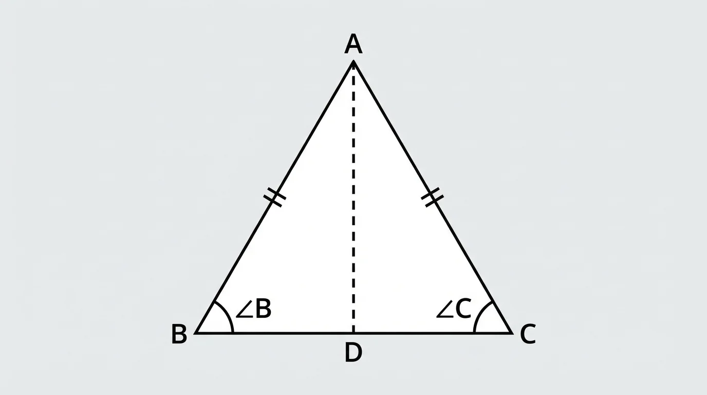 Isosceles triangle with legs marked congruent, base angles labeled, and an auxiliary segment from the vertex to the base