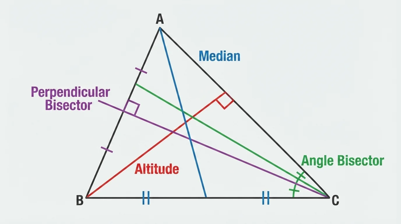 Triangle with four different interior or related segments labeled median, altitude, angle bisector, and perpendicular bisector in separate colored lines