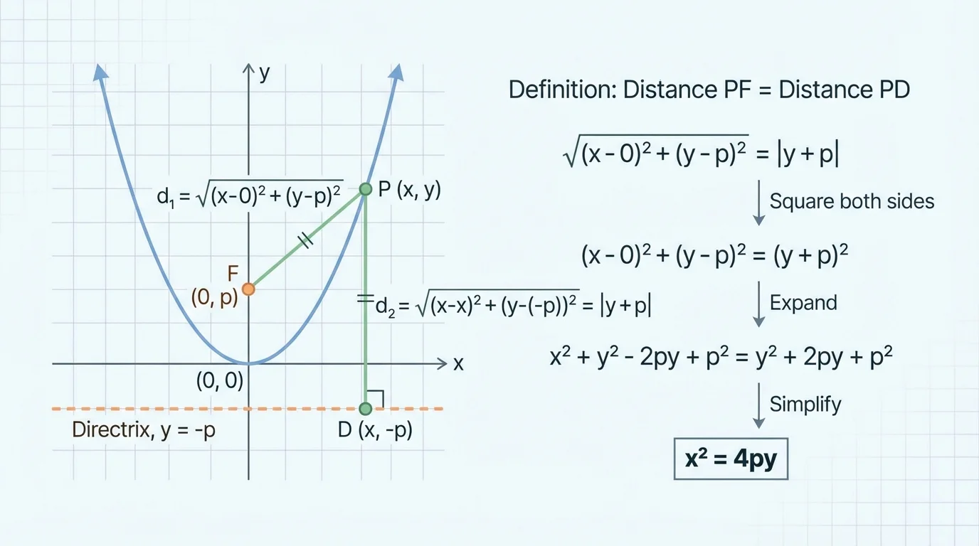 Coordinate-plane diagram of a vertical parabola with focus above the vertex, horizontal directrix below, a point on the parabola, and equal distance segments to focus and directrix
