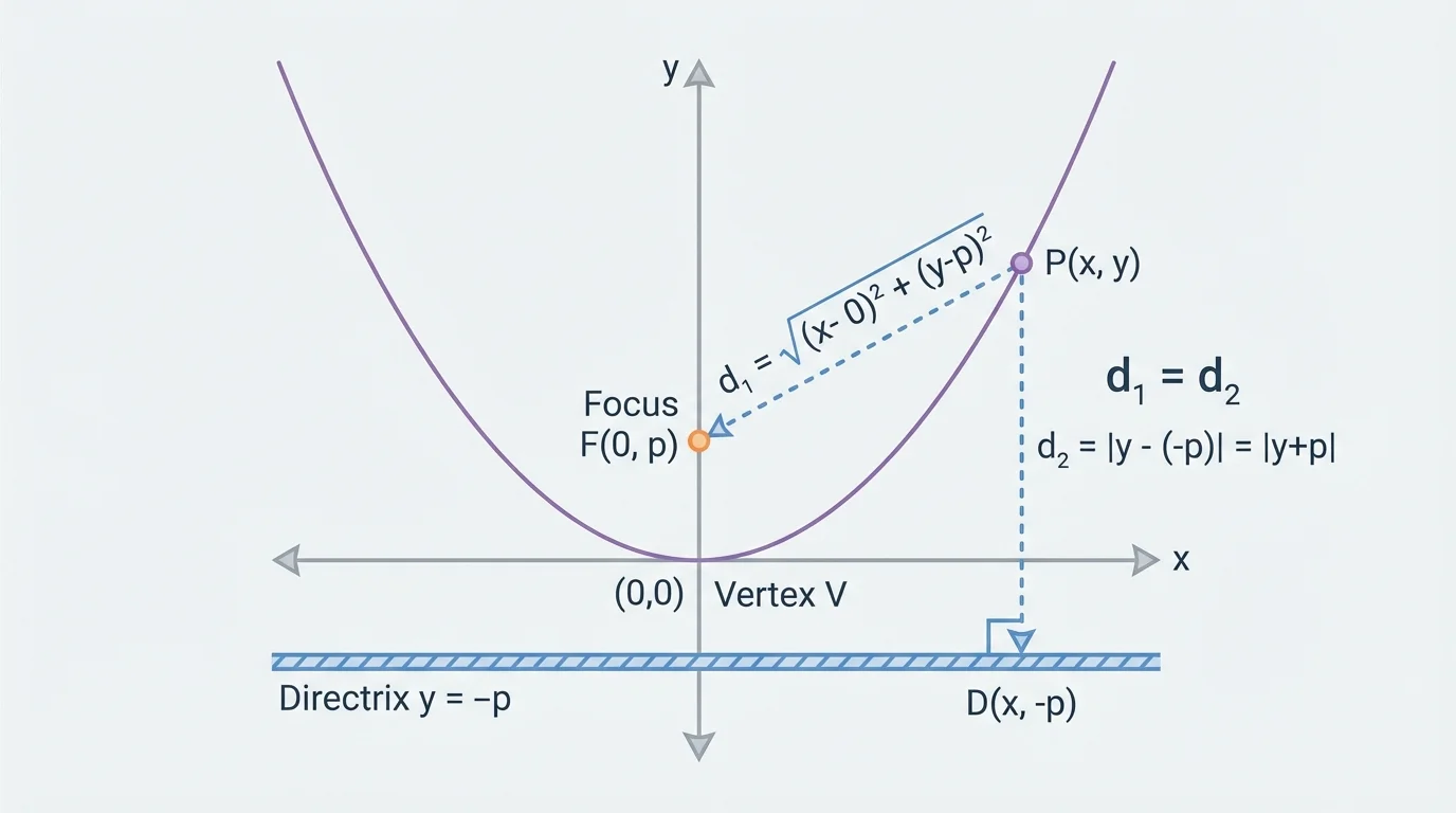 Graph of a parabola with vertex at the origin, focus on the y-axis, directrix below, and labeled distances from a general point (x,y)