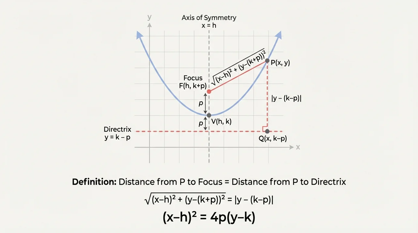 Coordinate-plane graph of a shifted upward-opening parabola showing vertex, focus, directrix, and axis of symmetry