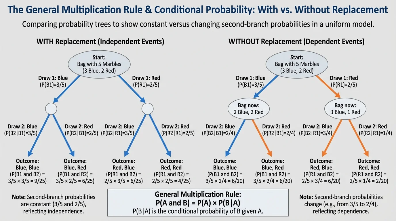 side-by-side probability trees comparing two draws with replacement and two draws without replacement, showing constant versus changing second-branch probabilities