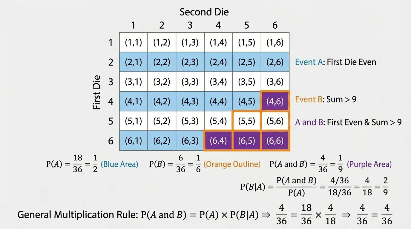 6 by 6 dice-outcome grid with cells highlighted for first die even and separately highlighted overlap where the sum is greater than 9