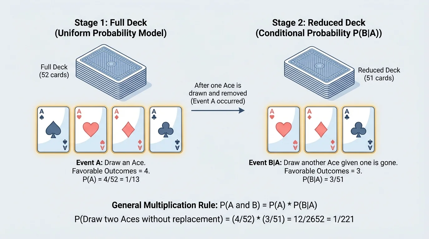 card-draw diagram showing a full deck and then a reduced set after one ace is known to be removed, with remaining favorable cards highlighted