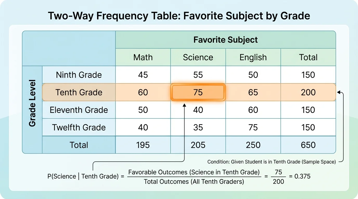 the same two-way table with the entire tenth-grade row shaded and the tenth-grade science cell emphasized as the favorable part of the row
