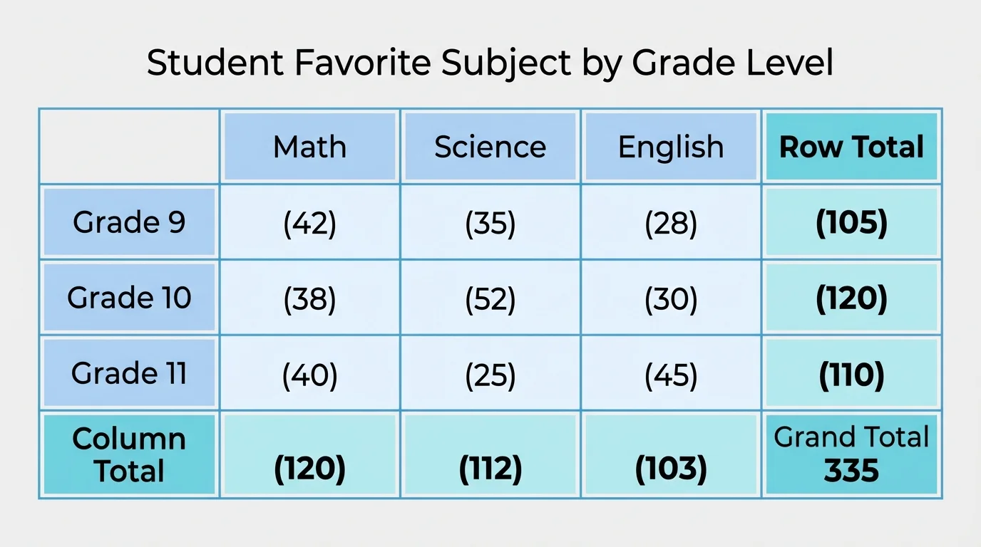 two-way frequency table for grade level by favorite subject, with interior cells, row totals, column totals, and grand total visually highlighted