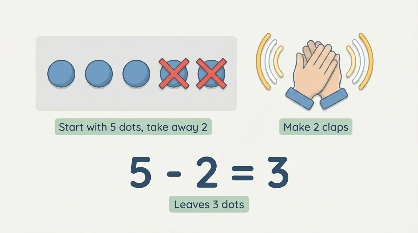 five dots with two crossed out beside simple hands making claps, showing subtraction as taking away from 5 to leave 3