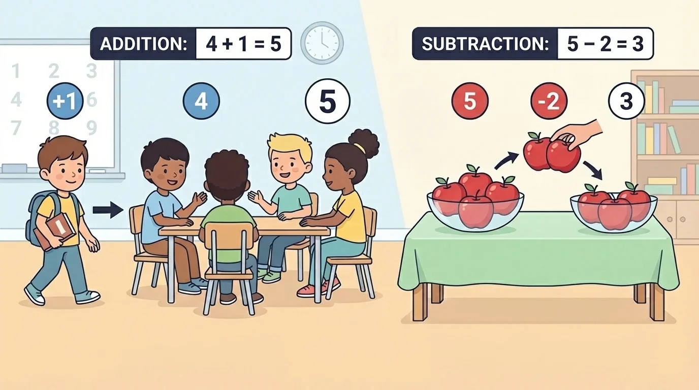 classroom and snack table scene showing 4 children with 1 more joining, and 5 apples with 2 removed to show everyday addition and subtraction