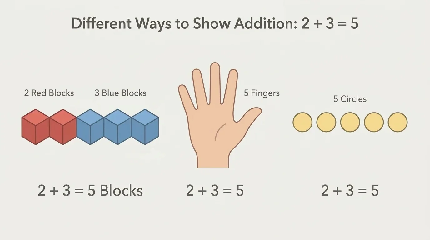child-friendly comparison showing 2 red blocks joined with 3 blue blocks, one hand showing 5 fingers total, and a simple drawing of 5 circles to represent the same addition idea