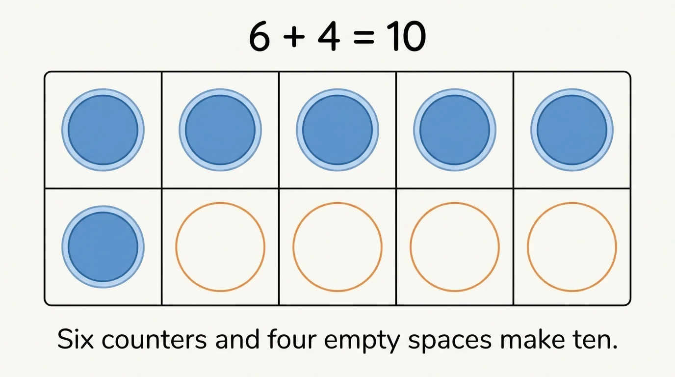 Ten-frame showing 6 counters and 4 empty spaces to make 10