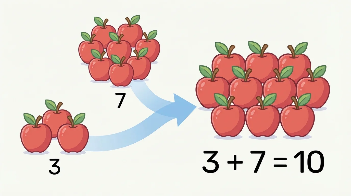 Drawing of 3 apples and 7 apples joining to make 10 apples