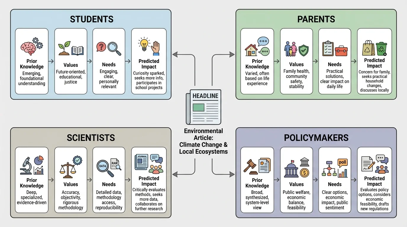 Chart showing one environmental article received differently by students, parents, scientists, and policymakers based on prior knowledge, values, and needs