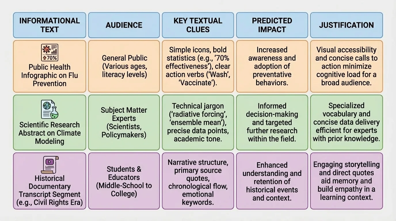 Comparison chart with three informational texts, their audiences, key textual clues, predicted impact, and justification