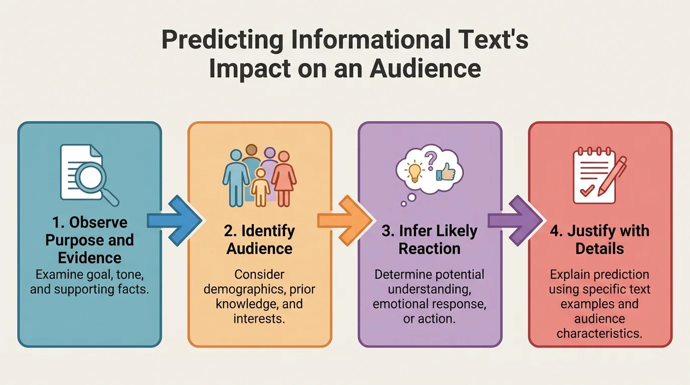 Flowchart with steps observe purpose and evidence, identify audience, infer likely reaction, justify with details