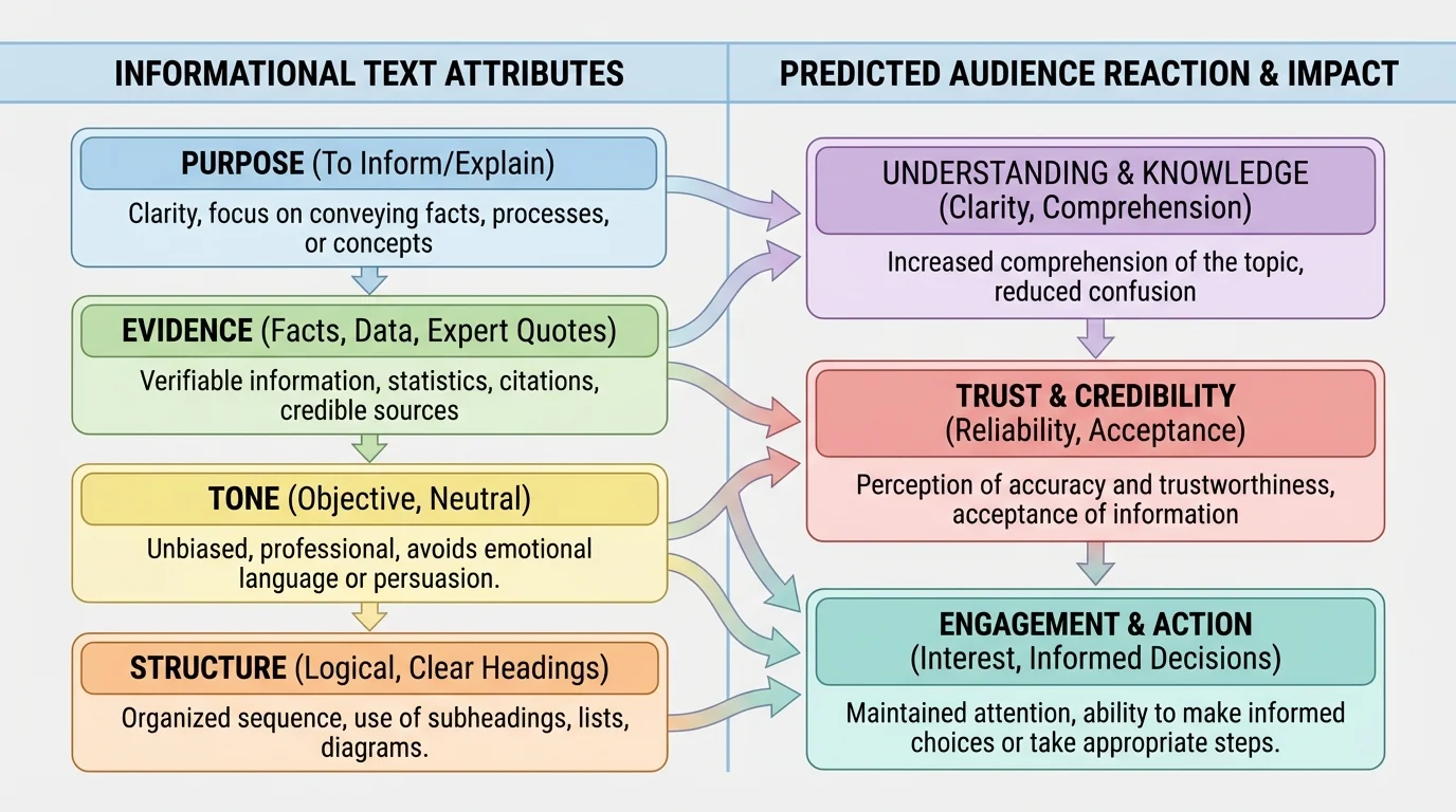 Comparison chart showing purpose, evidence, tone, structure, and likely audience reaction for an informational text