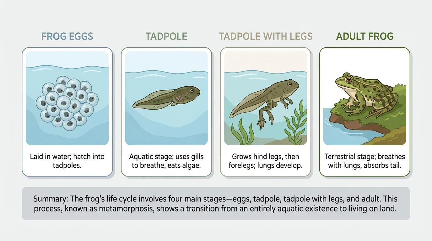 side-by-side educational illustration with frog research note cards showing eggs, tadpole, legs, adult frog and a short summary paragraph below