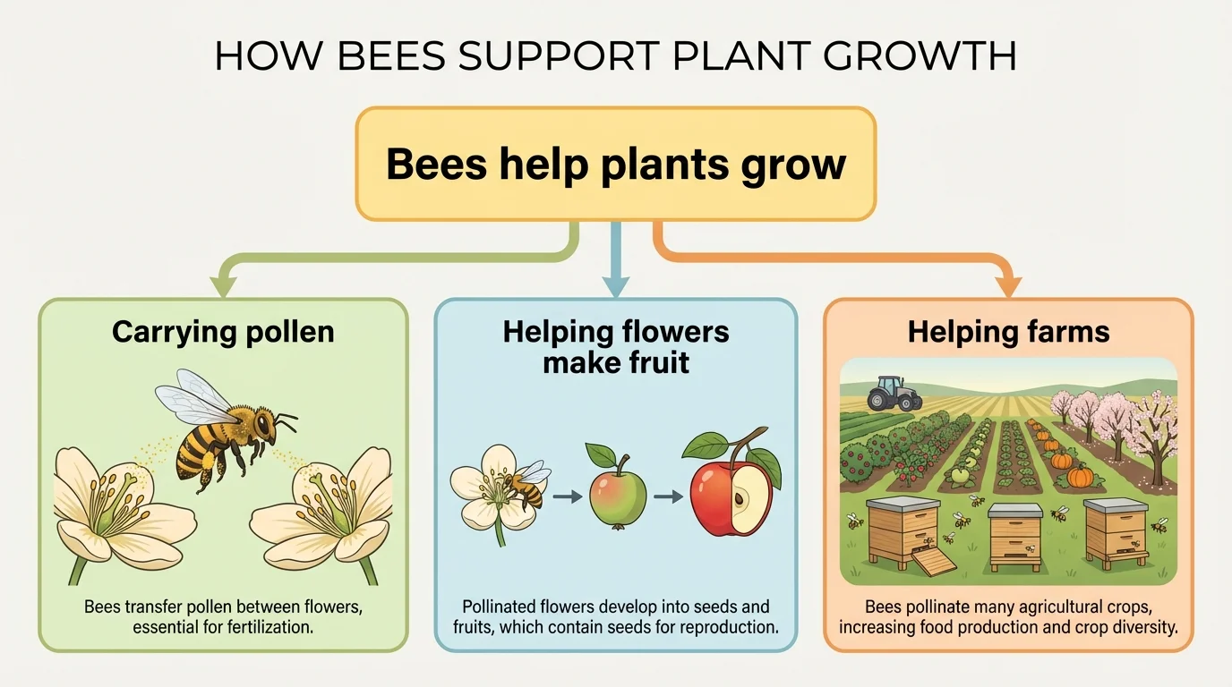 chart showing one main idea box labeled bees help plants grow connected to three supporting detail boxes about carrying pollen, helping flowers make fruit, and helping farms