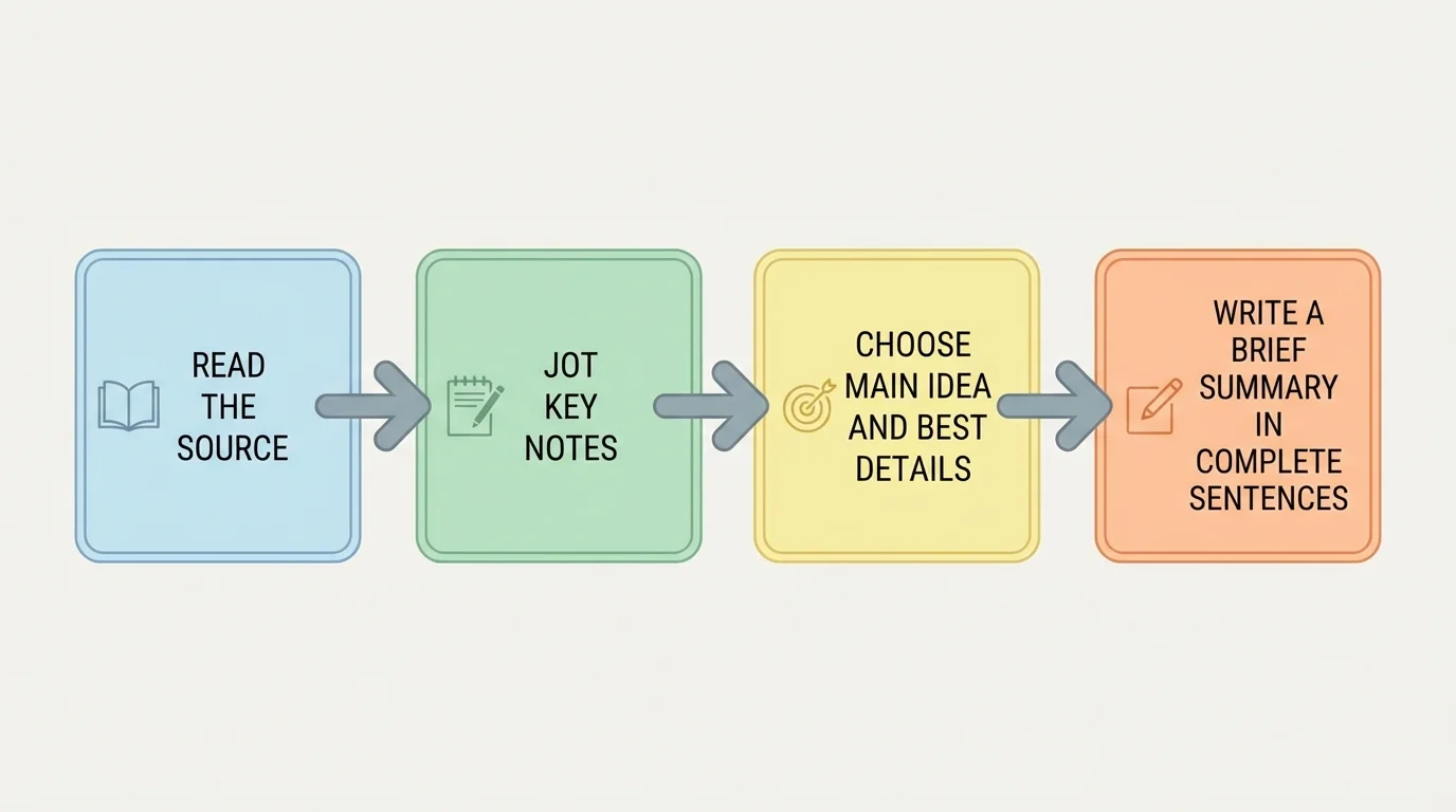 flowchart with four boxes labeled read the source, jot key notes, choose main idea and best details, write a brief summary in complete sentences