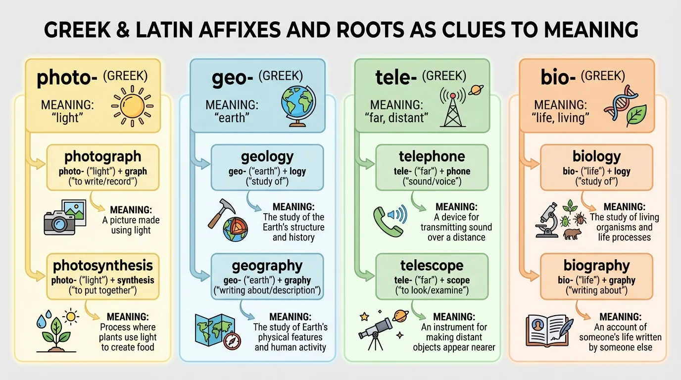 Chart showing Greek roots photo, geo, tele, and bio connected to example words and meanings