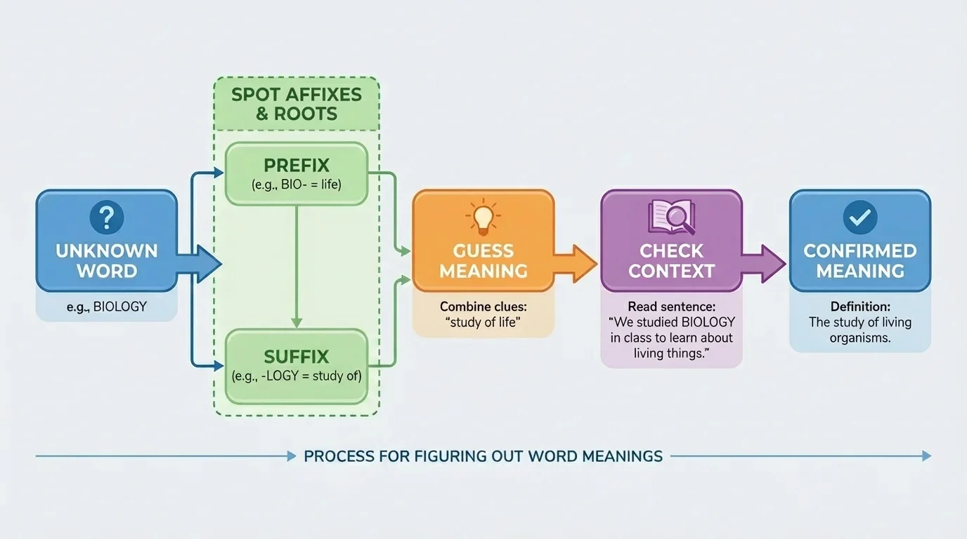 Flowchart for figuring out an unknown word by spotting affixes and roots, guessing meaning, and checking context