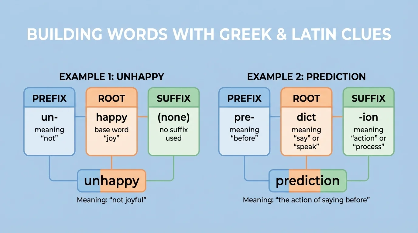 Diagram labeling prefix, root, and suffix in words like unhappy and prediction