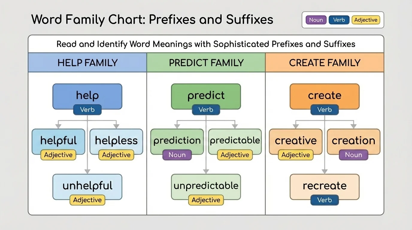 word family chart showing help/helpful/helpless, predict/prediction/predictable, create/creative/creation with labels for noun, verb, adjective