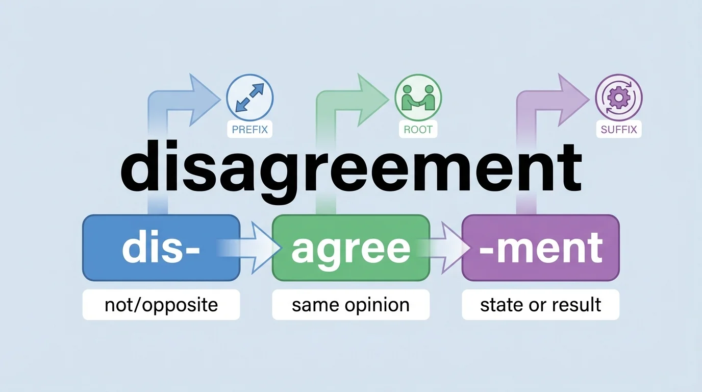 word "disagreement" split into dis- + agree + -ment with short labels "not/opposite," "same opinion," and "state or result"