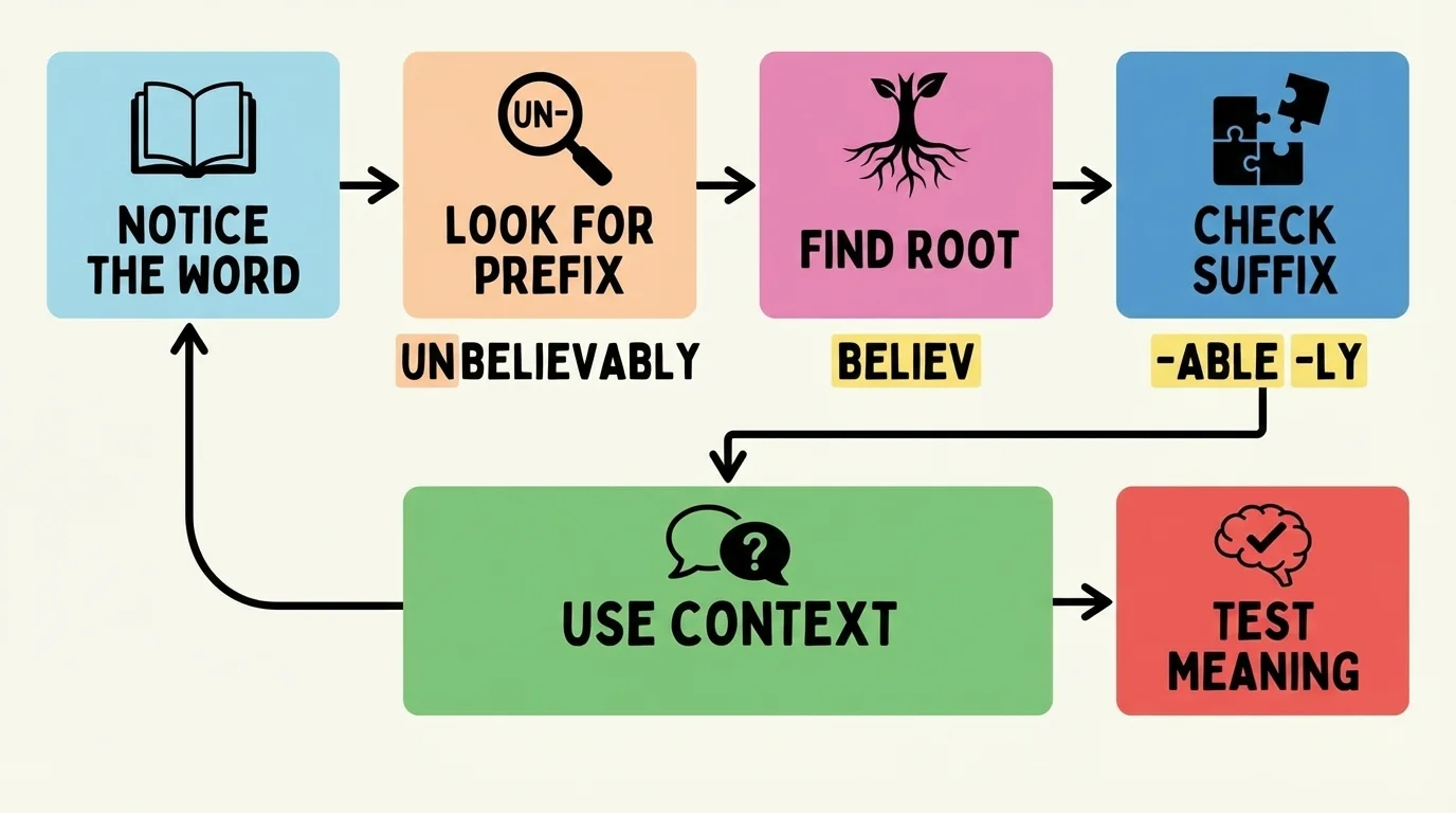 reading strategy flowchart with boxes labeled notice the word, look for prefix, find root, check suffix, use context, test meaning