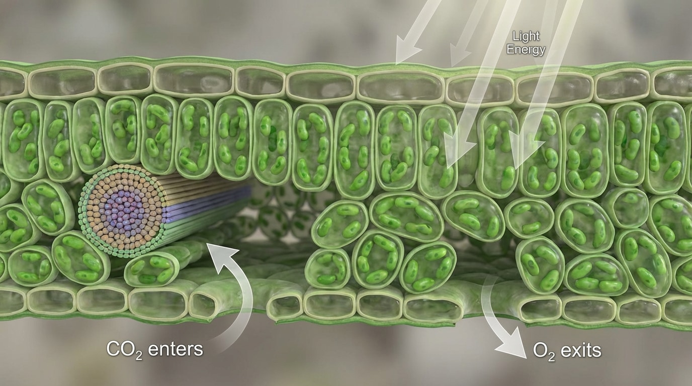 Close-up diagram of a leaf cross-section showing cells, chloroplasts, and chlorophyll inside chloroplasts; arrows labeling where CO2 enters and O2 exits.