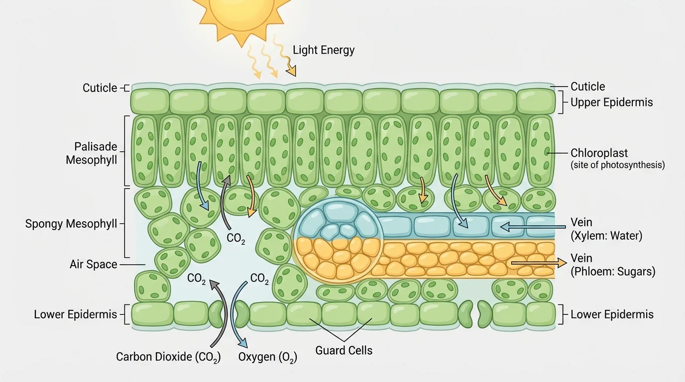Labeled leaf cross-section showing upper surface, mesophyll cells filled with chloroplasts, stomata on lower surface, and veins carrying water and sugars