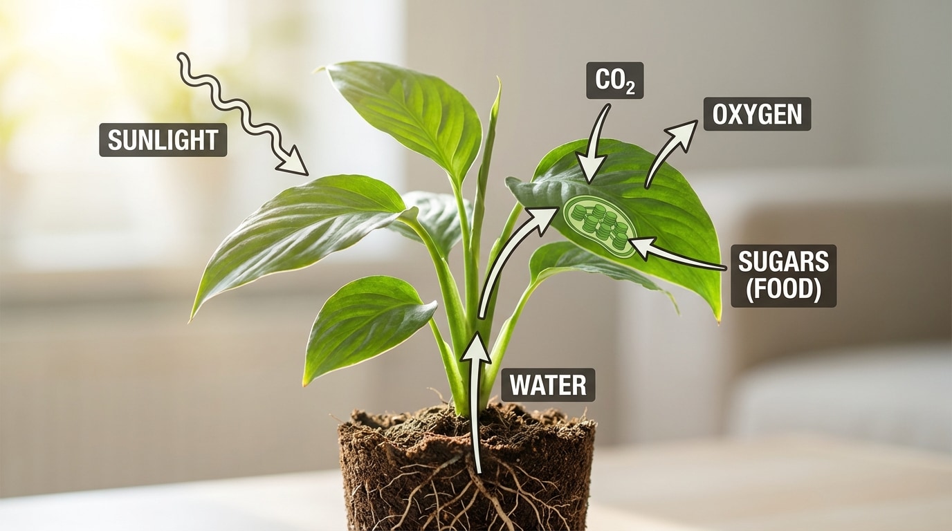 A labeled diagram of a plant in sunlight showing arrows for sunlight, CO2 entering leaves, water going up from roots, and oxygen exiting leaves.
