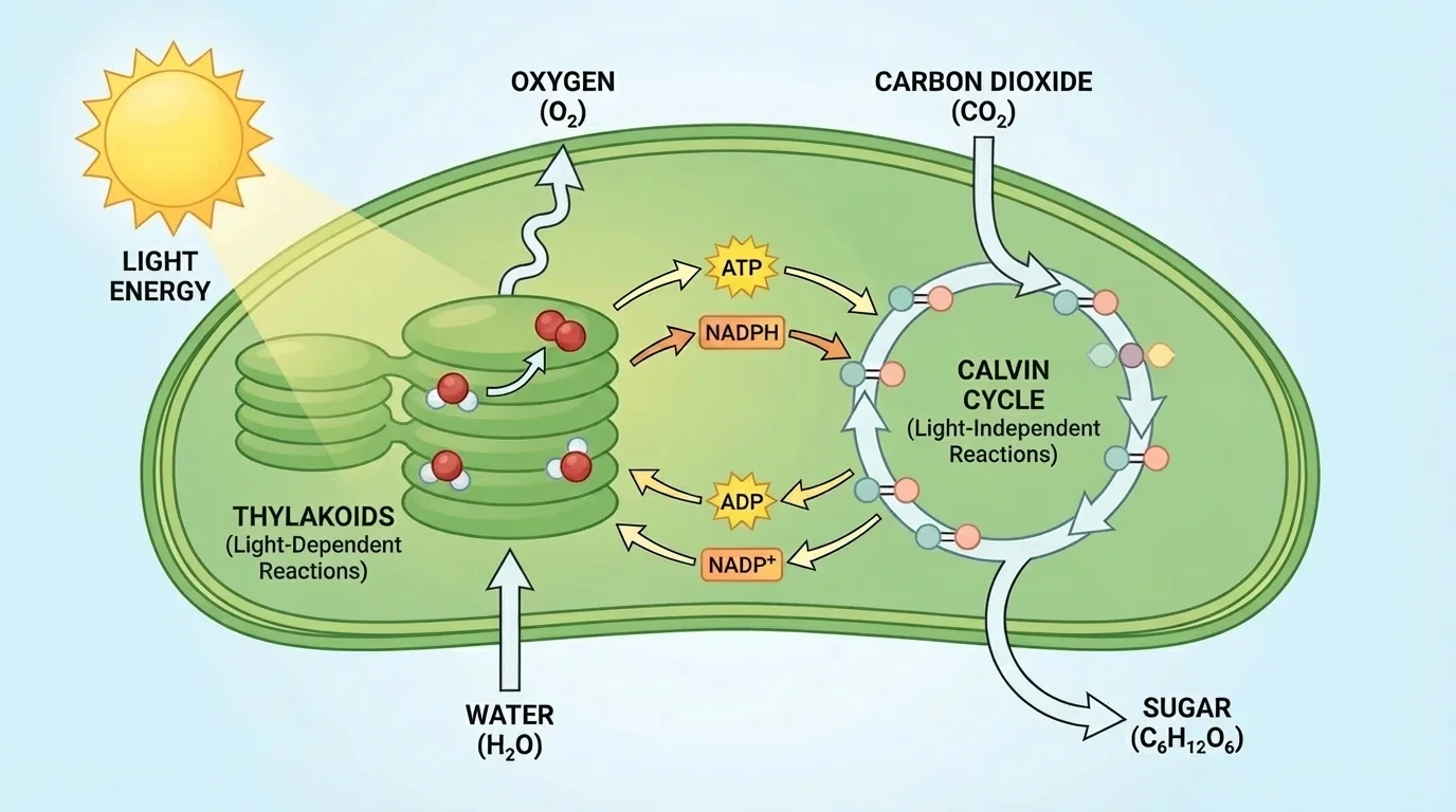 Simplified two-stage photosynthesis flowchart showing light captured in chloroplast membranes, water split and oxygen released, then carbon dioxide used to build sugar