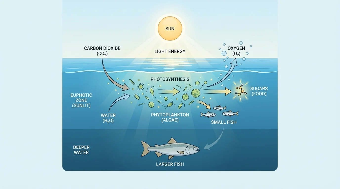 Ocean surface scene showing sunlight penetrating upper water, phytoplankton in the sunlit zone, small fish feeding, larger fish above darker deeper water