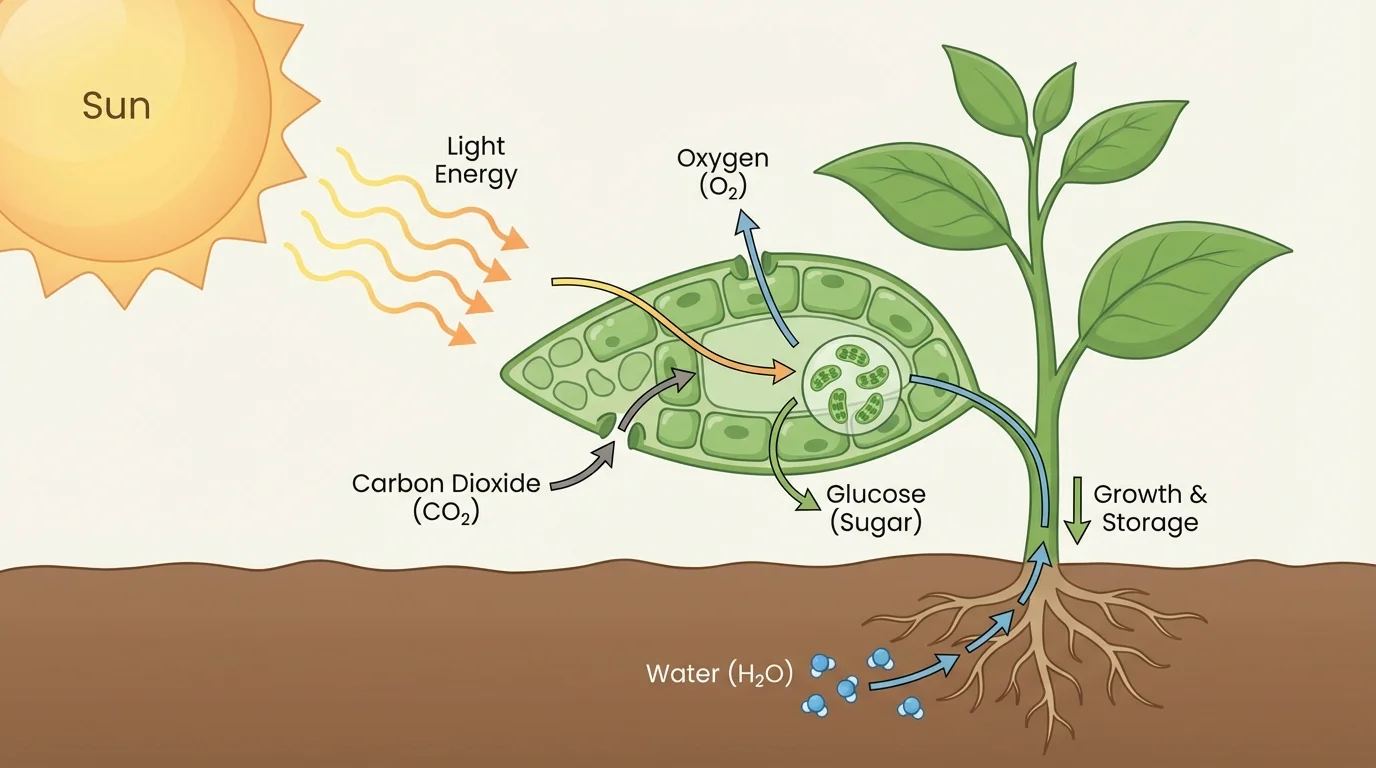Labeled flow diagram showing sunlight reaching a leaf, carbon dioxide entering through stomata, water moving up from roots, glucose produced in leaf cells, and oxygen released to the air