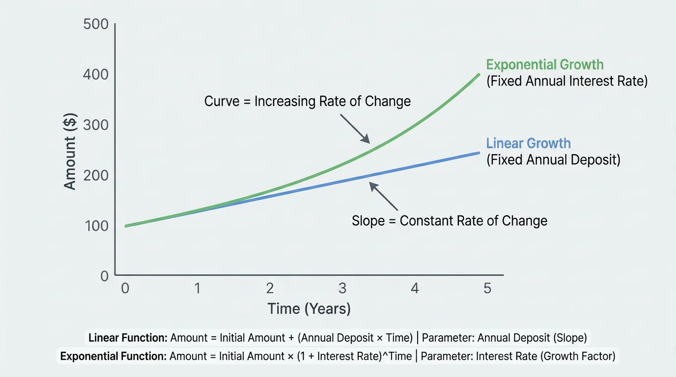 graph comparing a straight line and an exponential curve that start at the same point and separate over time on the same axes