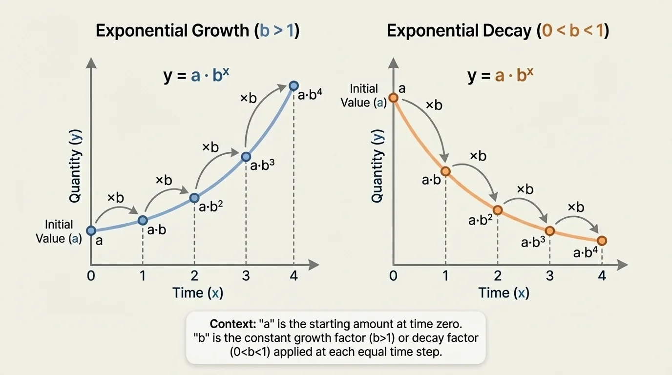 side-by-side coordinate graphs of exponential growth and exponential decay, both starting from an initial value at time zero, with equal time steps indicating repeated multiplication