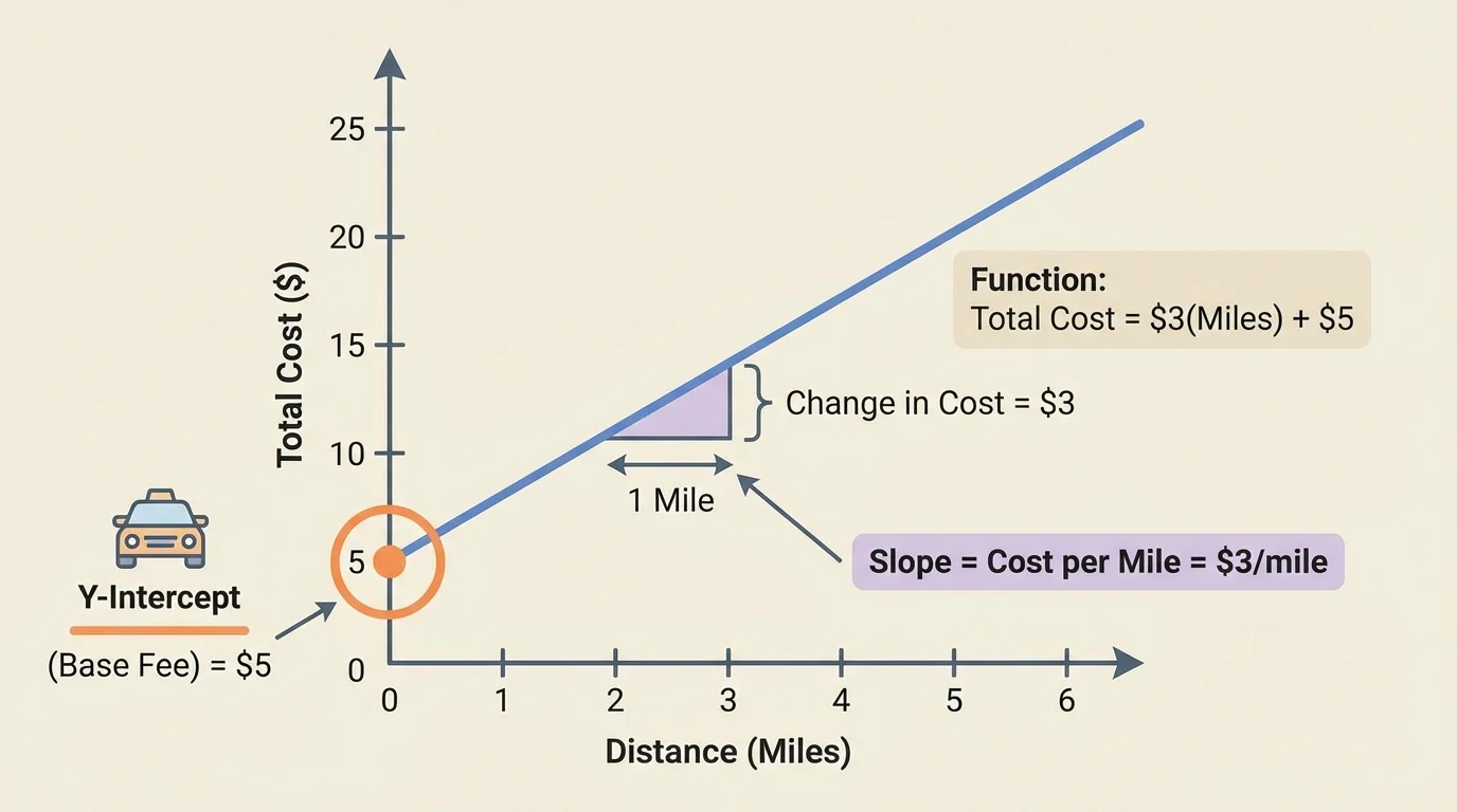 coordinate graph of total taxi cost versus miles with a straight line, y-intercept at the base fee, and a slope triangle showing increase in cost for each mile