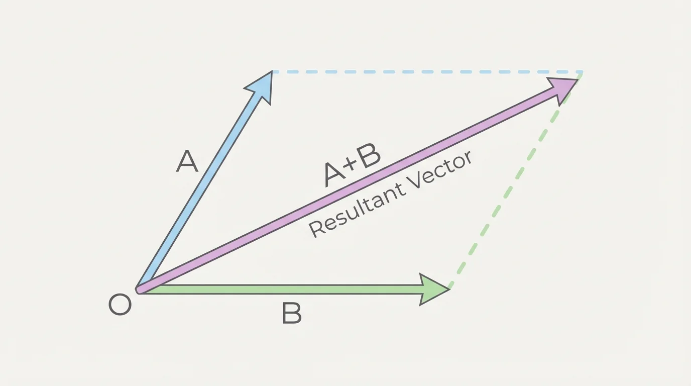 two vectors from a common origin with dashed translated copies forming a parallelogram, and the diagonal from the origin labeled as the resultant