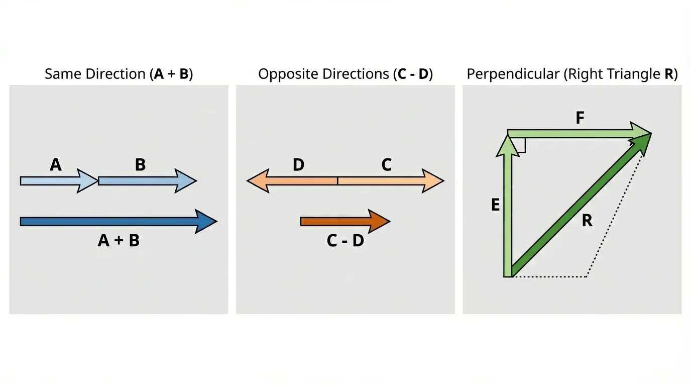 three side-by-side vector sketches showing same-direction arrows adding to a longer arrow, opposite-direction arrows subtracting, and perpendicular arrows forming a right-triangle resultant