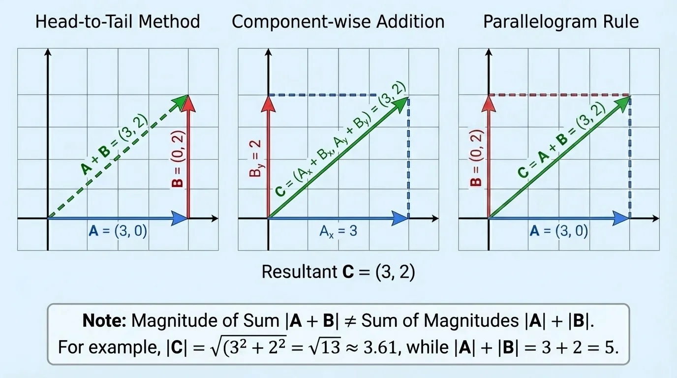 two arrows on a coordinate grid placed head-to-tail, first pointing right and second pointing up, with the resultant drawn from the starting tail to the final head