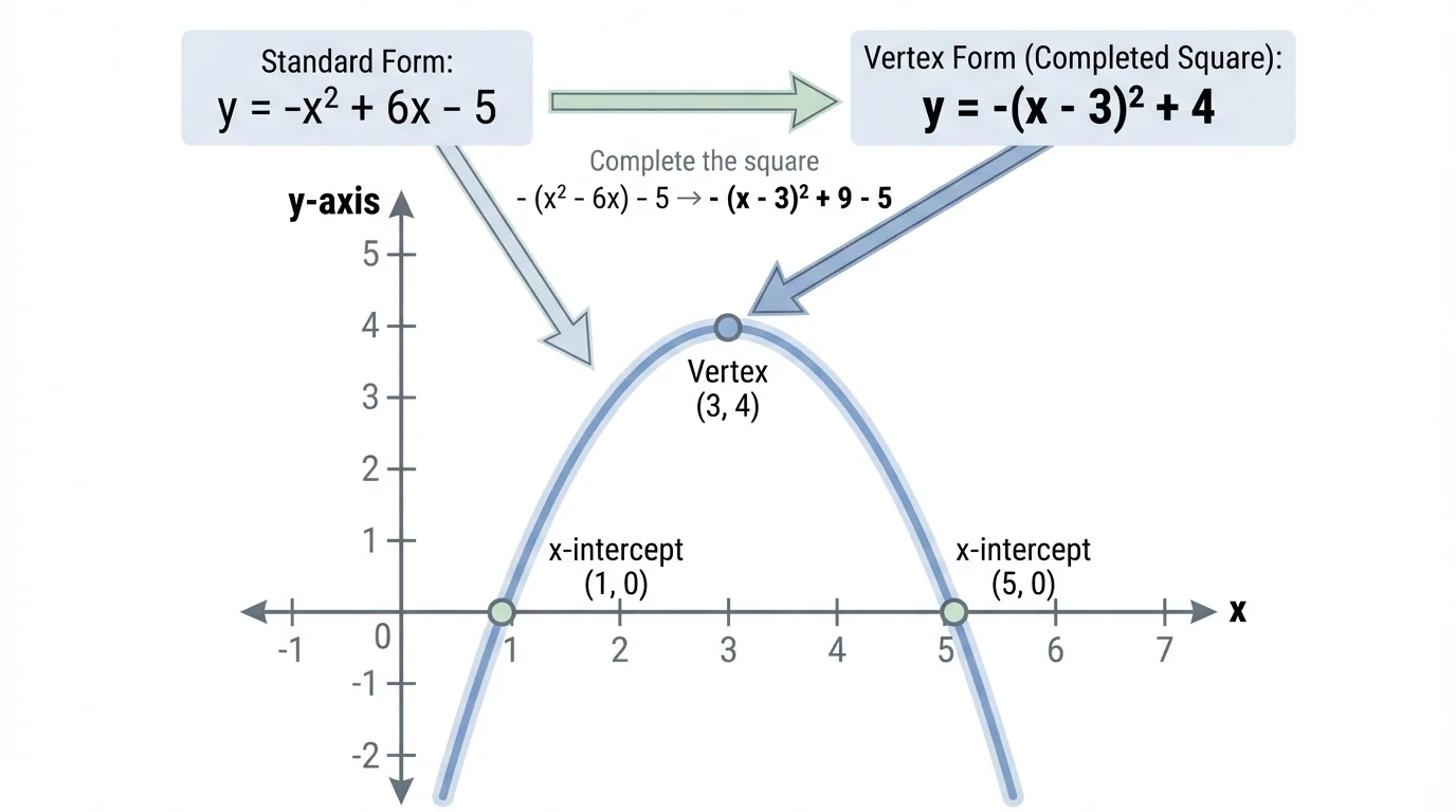 coordinate plane with a downward-opening parabola for y=-x^2+6x-5, vertex labeled at (3,4), x-intercepts visible