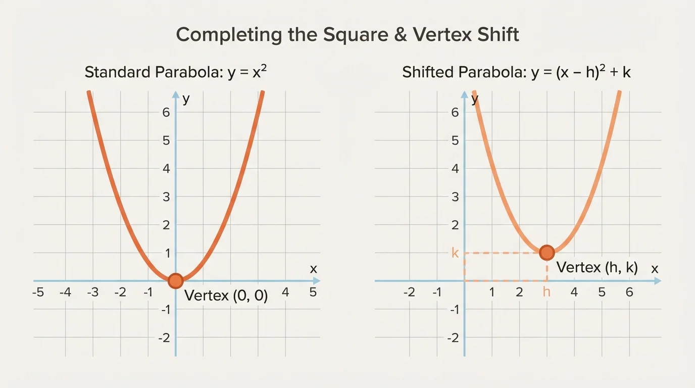 side-by-side coordinate planes showing y=x^2 and a shifted parabola with vertex moved right and up, vertices highlighted