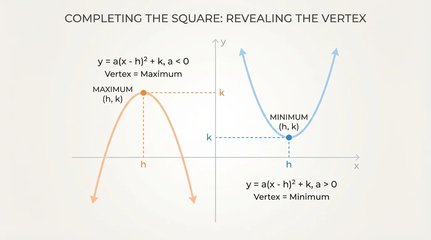 coordinate plane with one upward-opening parabola and one downward-opening parabola, each vertex marked, one labeled minimum and the other maximum