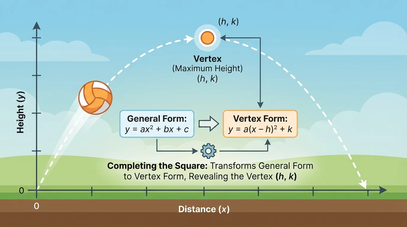 ball traveling in a parabolic arc over a field, highest point marked, simple axes or ground line included
